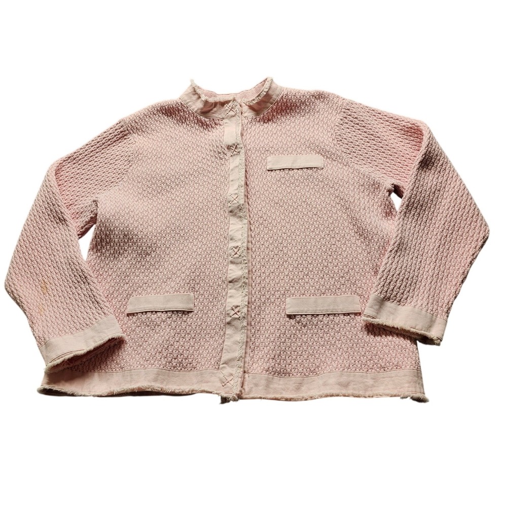 Talbots Waffle Knit Button Front Jacket Womens Large Pink Raw Trim Cardigan